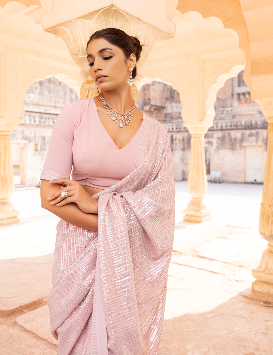 Pink Georgette Saree with Floral Embroidery and Stone Embellishments