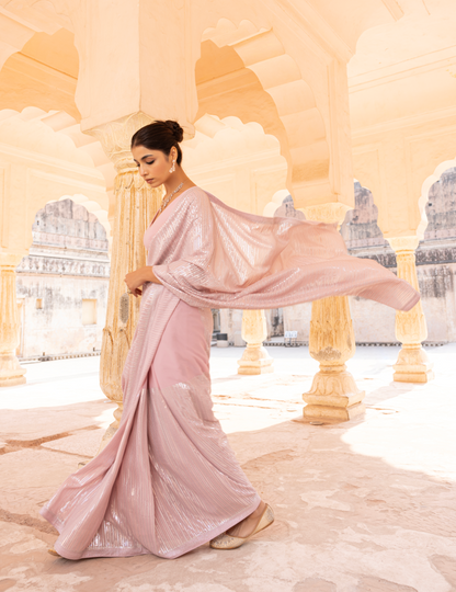 Pink Georgette Saree with Floral Embroidery and Stone Embellishments