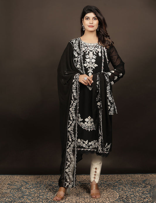 Black Chiffon Embroidered Pakistani Kurti Set