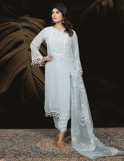 Ice Blue Chanderi Embroidered Suit Set