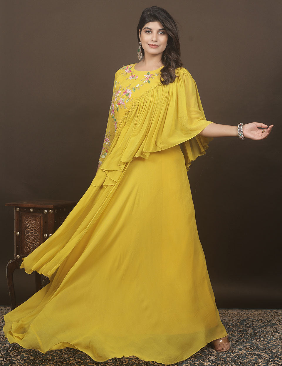 Yellow Georgette Embroidered Gown