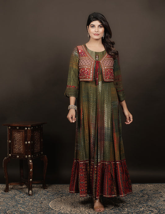 Green Modal Gown with Golden Print