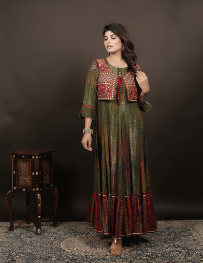 Green Modal Gown with Golden Print