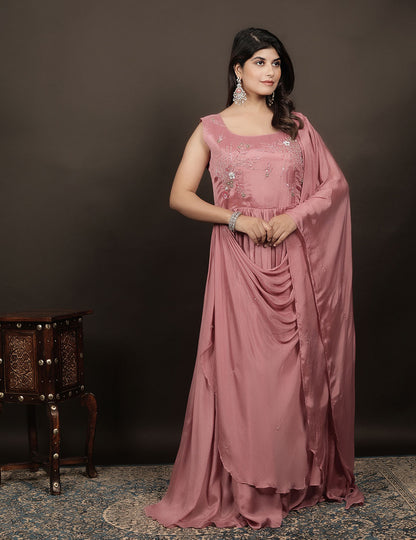 Peach Chanderi Silk Gown