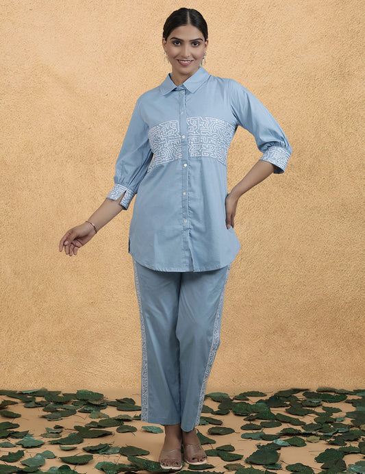 Sky Blue Cotton Embroidered CO-ORD Set