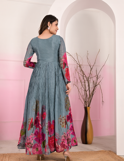 Grey Floral Printed Pure Chinon Gown