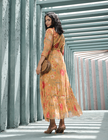 Mustard Printed Chiffon with Lining Gown