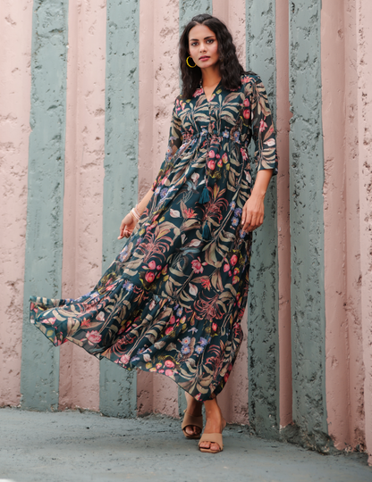 Blue Floral Printed Chiffon with Lining Gown