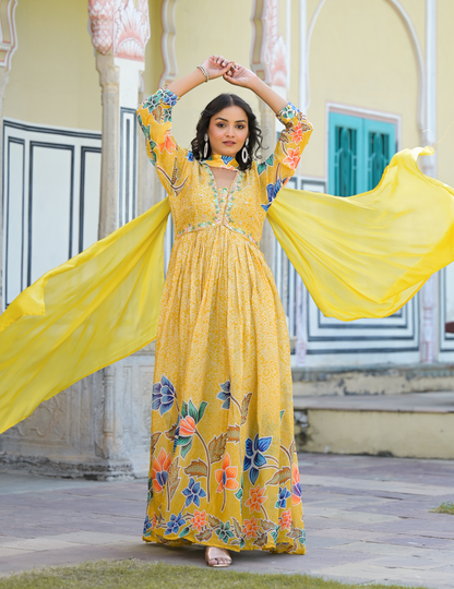 Mustard Floral Printed Pure Chinon Gown