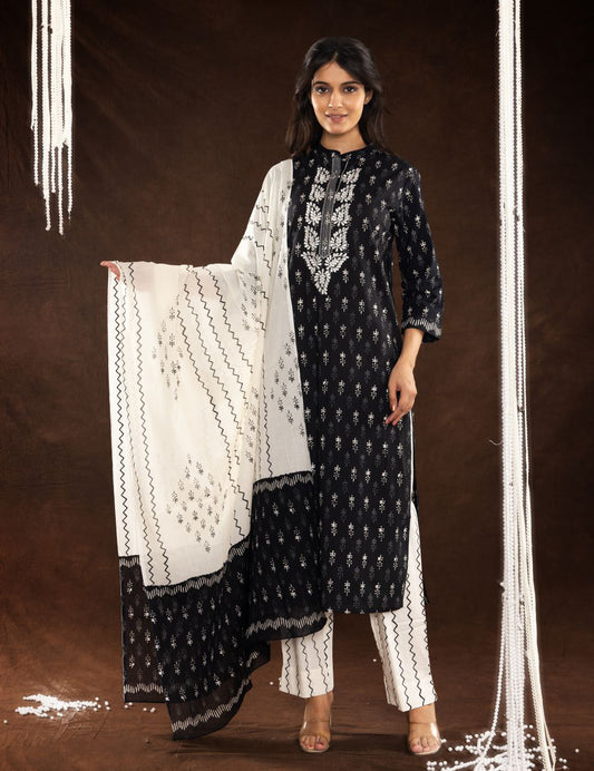 Black Cotton Printed with Embroidery Straight Kurti