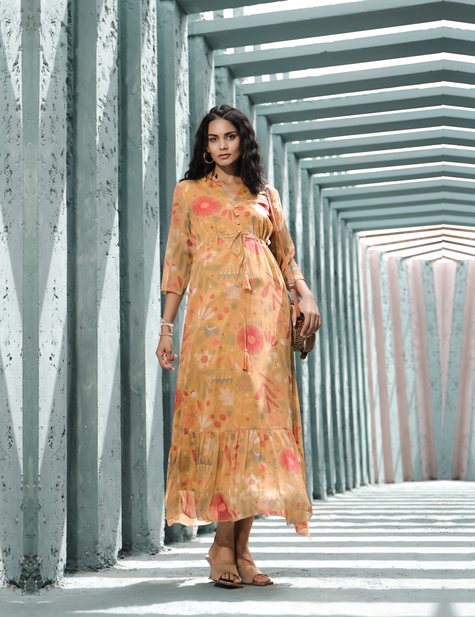 Mustard Printed Chiffon with Lining Gown