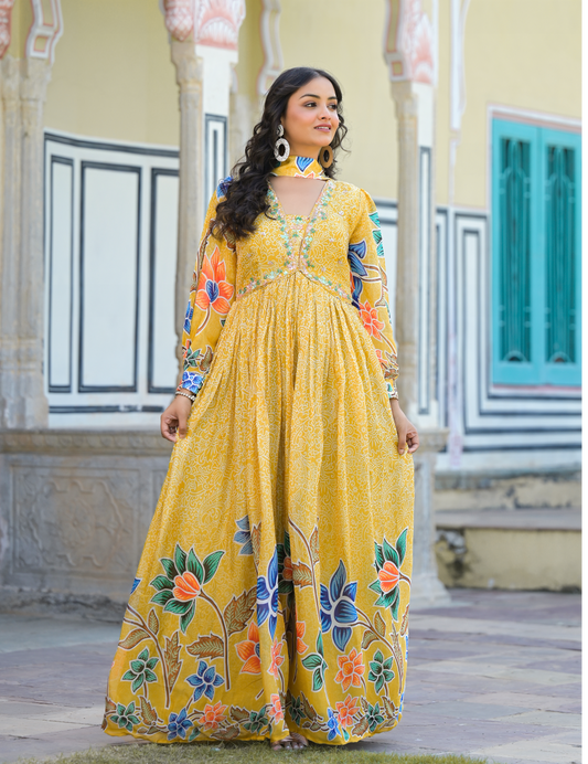 Mustard Floral Printed Pure Chinon Gown